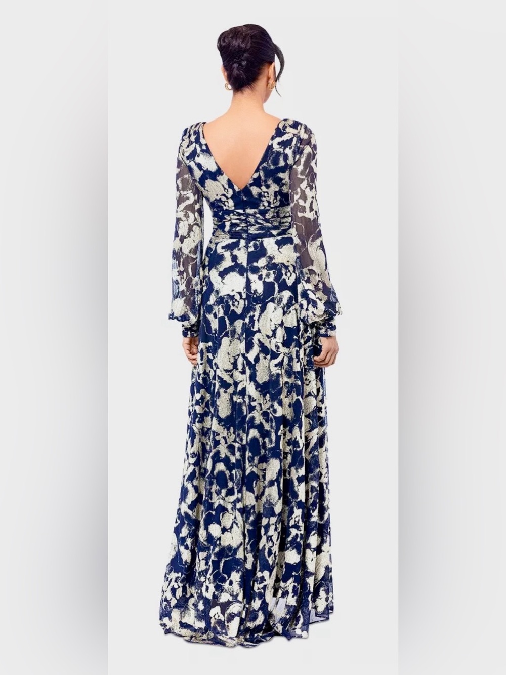 Betsy & Adam Navy and White Floral Wrap Long Sleeve Maxi Dress - Picture 2 of 10